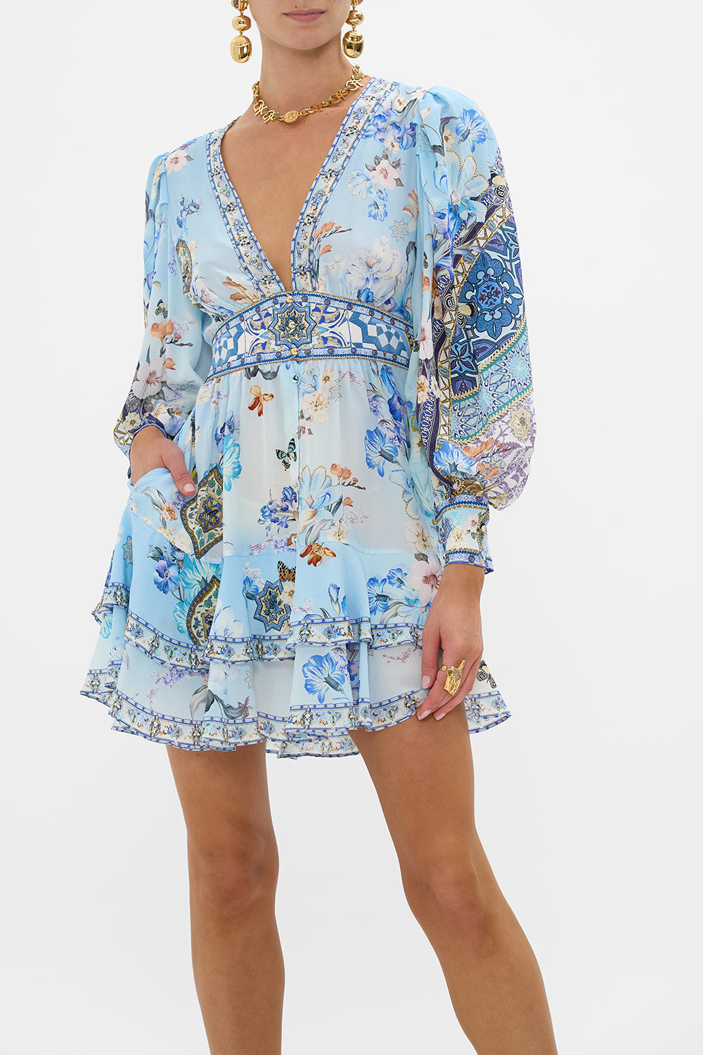 Camilla Button Front Frill Dress in Blue - Al Manial Palace