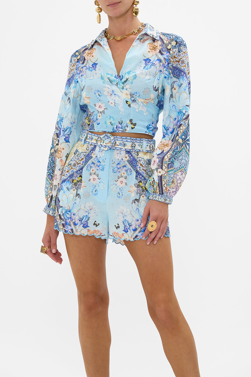 Camilla Cropped Wrap Shirt in Blue - Al Manial Palace