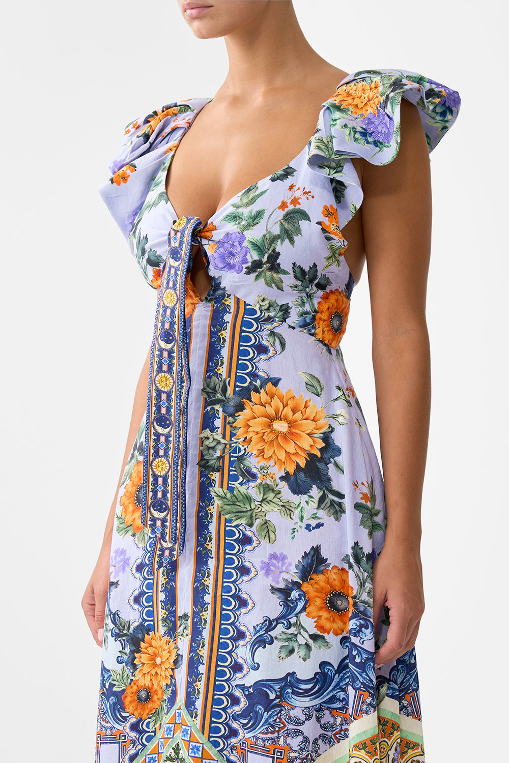 Camilla Tie Front Frill Sleeve Long Dress in Luscious in Lisbon