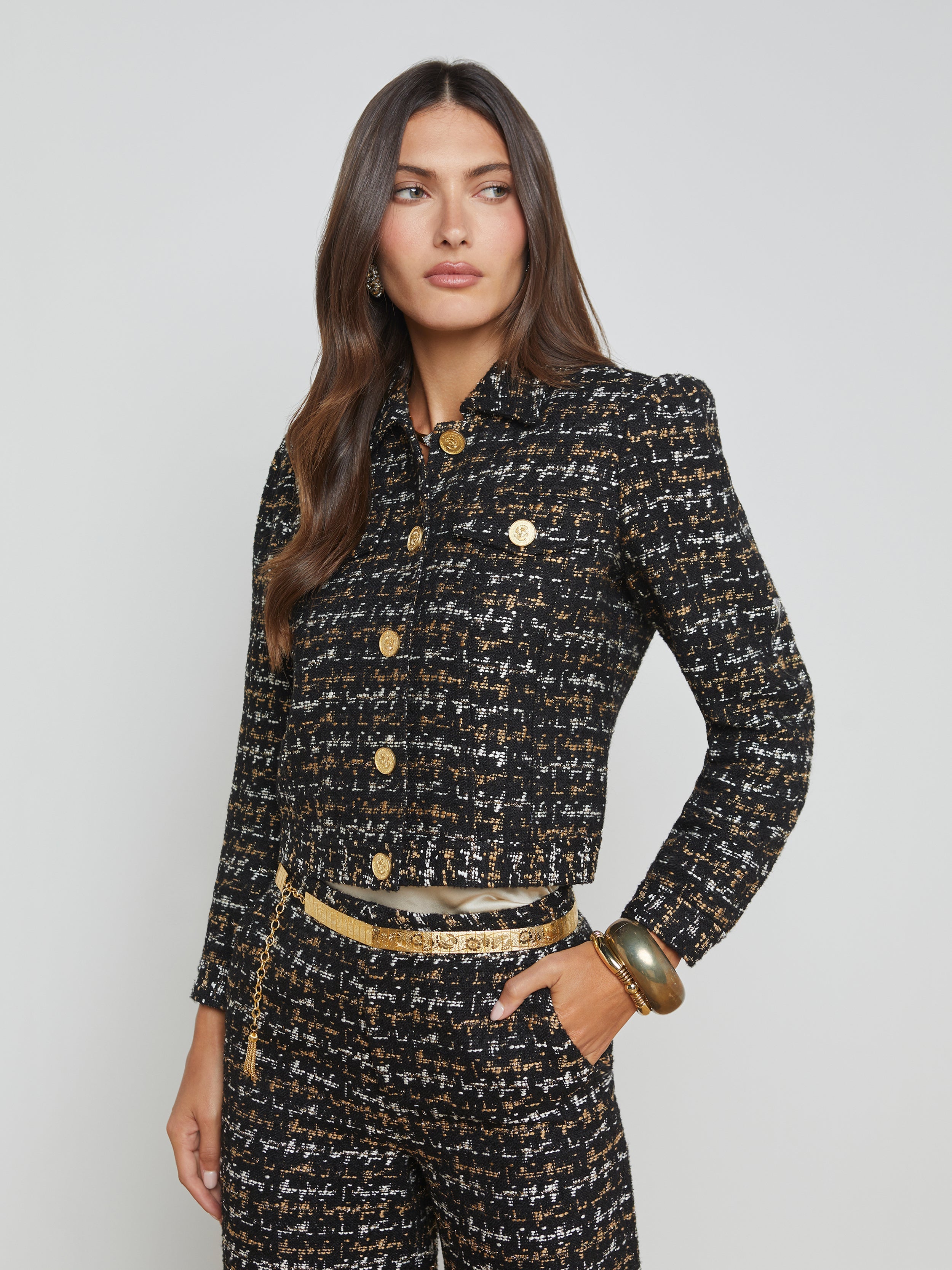 L'Agence Kasey Tweed Jacket 1777AZS in Black/Tan