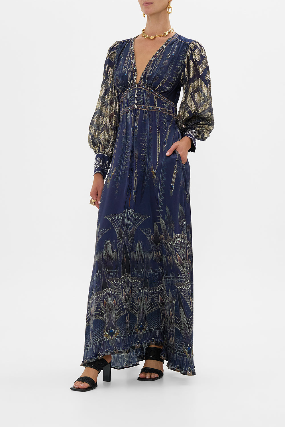 Camilla Shaped Waistband Dress with Gathered Sleeves 31640 in The Egypt Effect