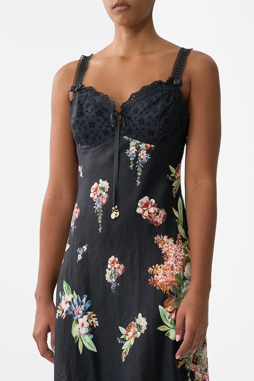 Camilla Embroidered Bodice Bias Dress in Noble endeavours