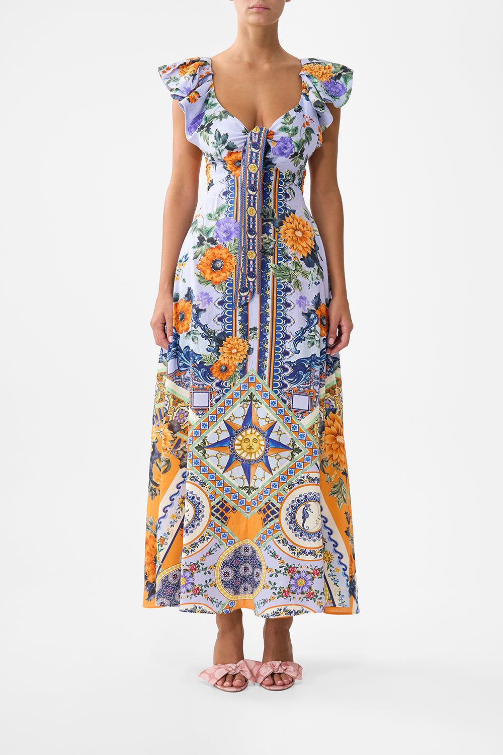 Camilla Tie Front Frill Sleeve Long Dress in Luscious in Lisbon