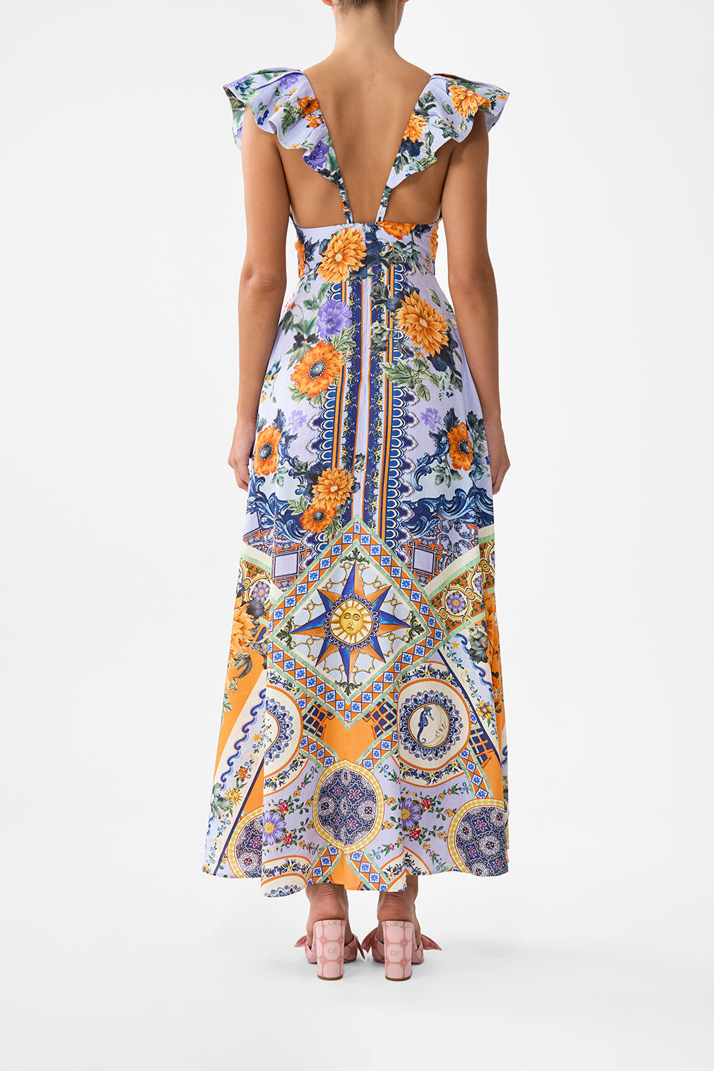 Camilla Tie Front Frill Sleeve Long Dress in Luscious in Lisbon