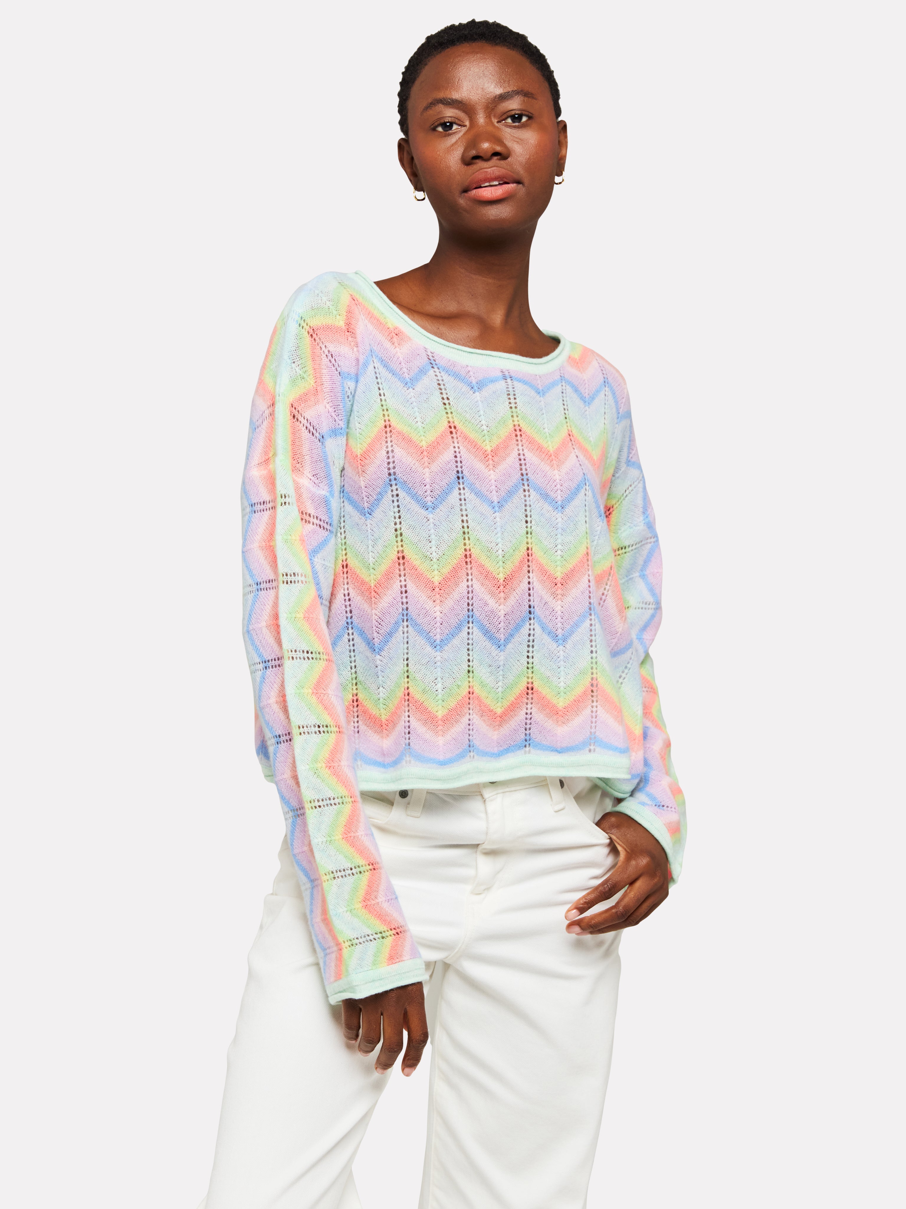 Brodie Chevron Slash Neck Rainbow Jumper in Mulitcolour