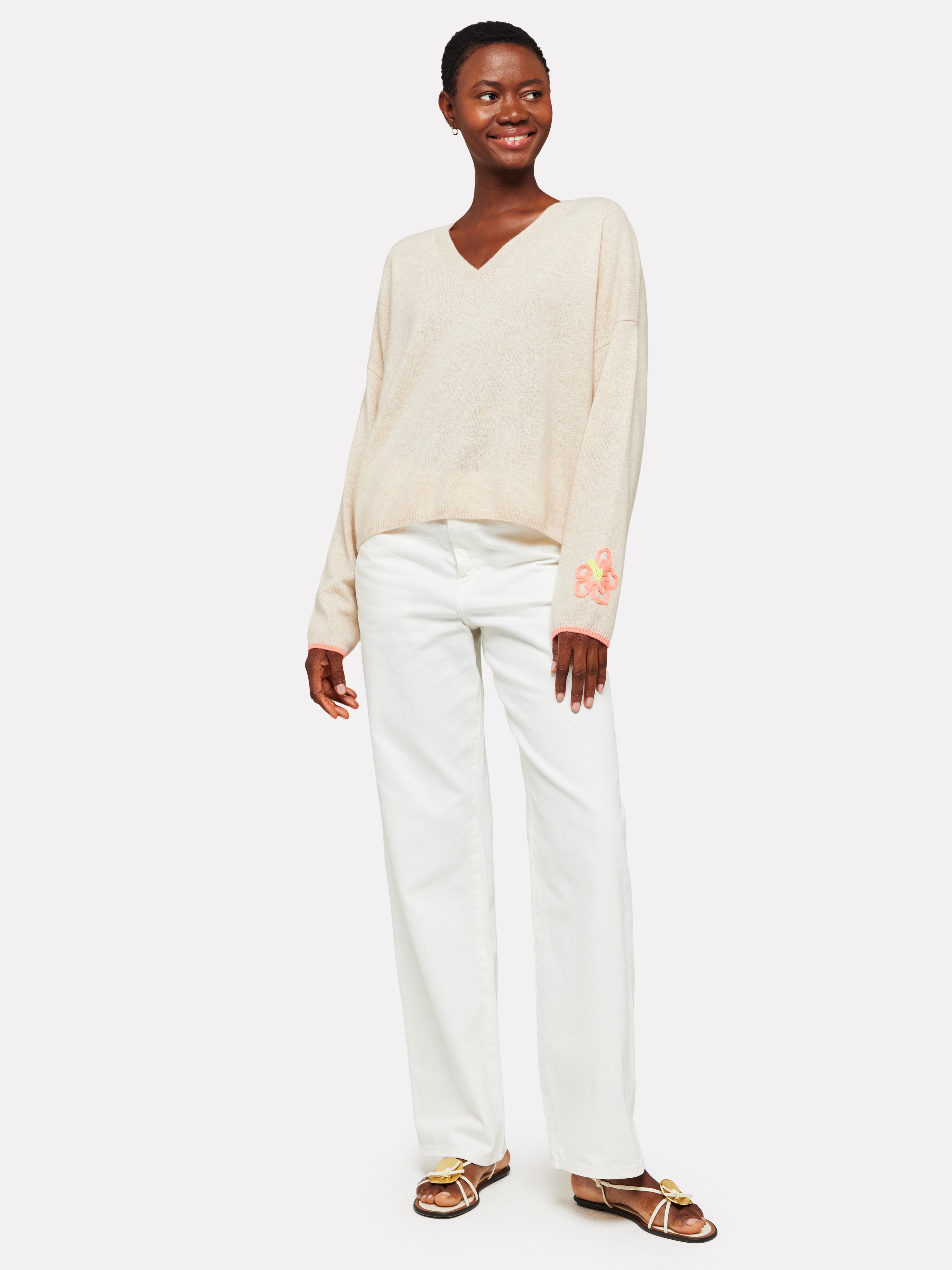 Brodie Tropical Cording V Neck Jumper in Beige