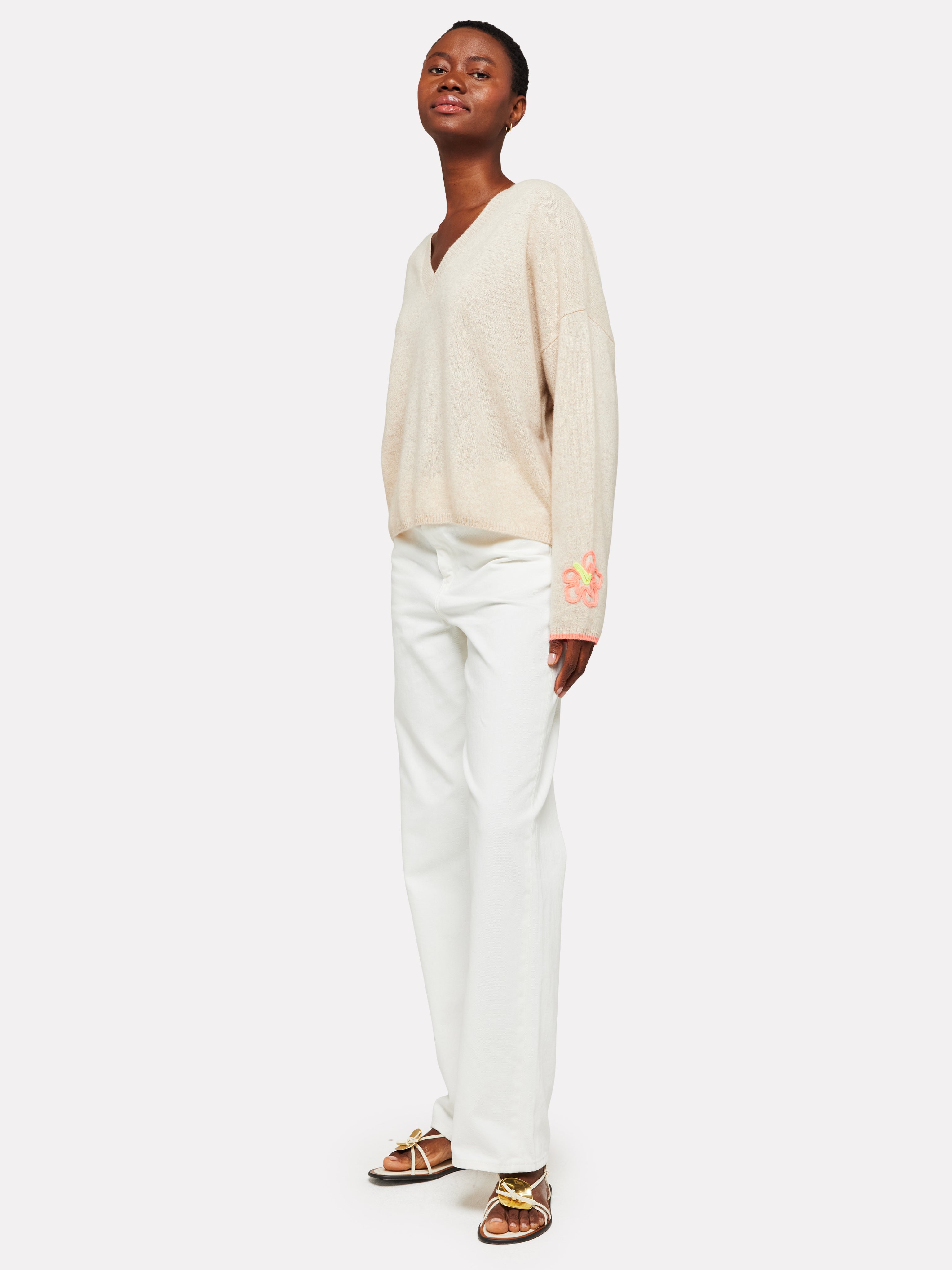 Brodie Tropical Cording V Neck Jumper in Beige