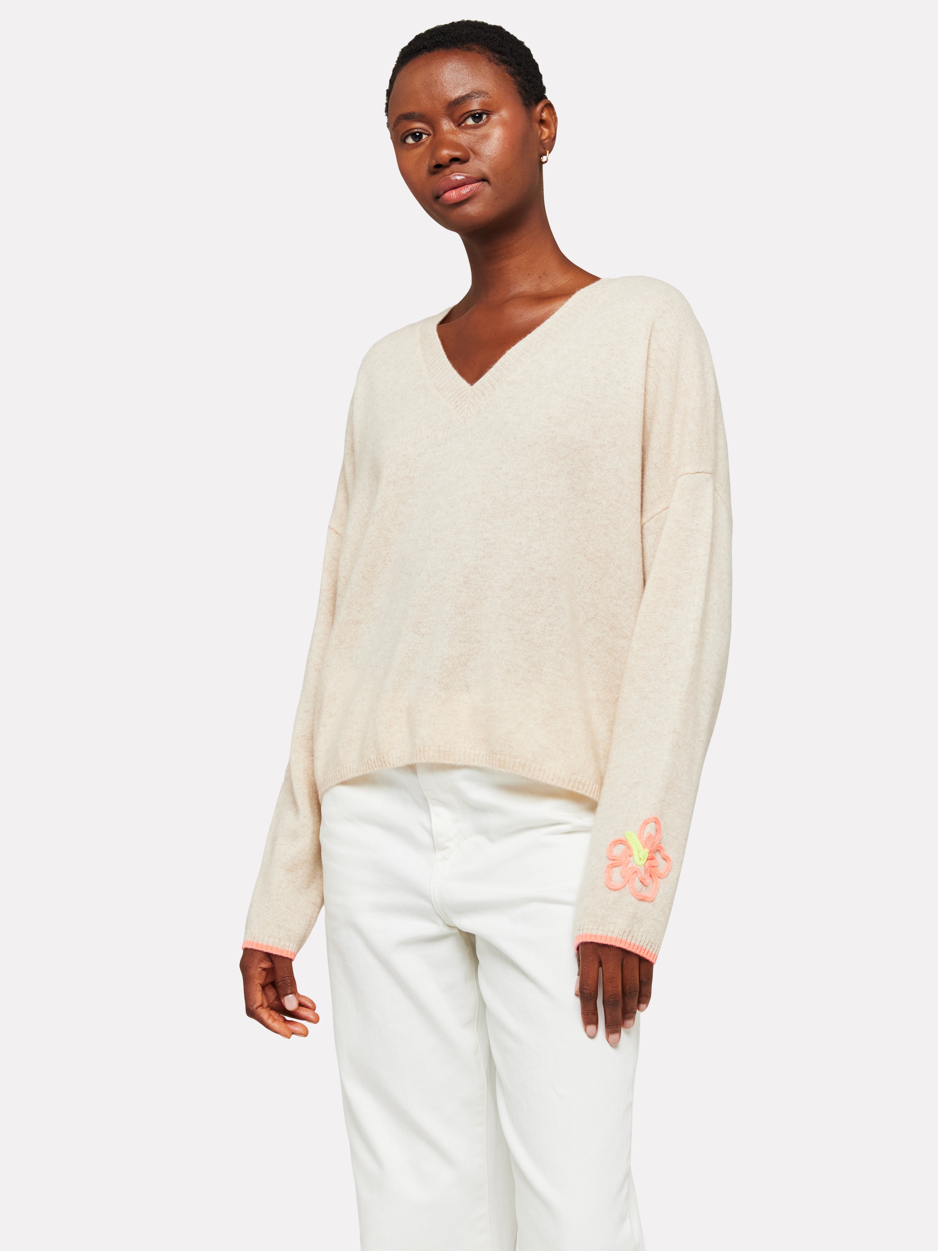 Brodie Tropical Cording V Neck Jumper in Beige