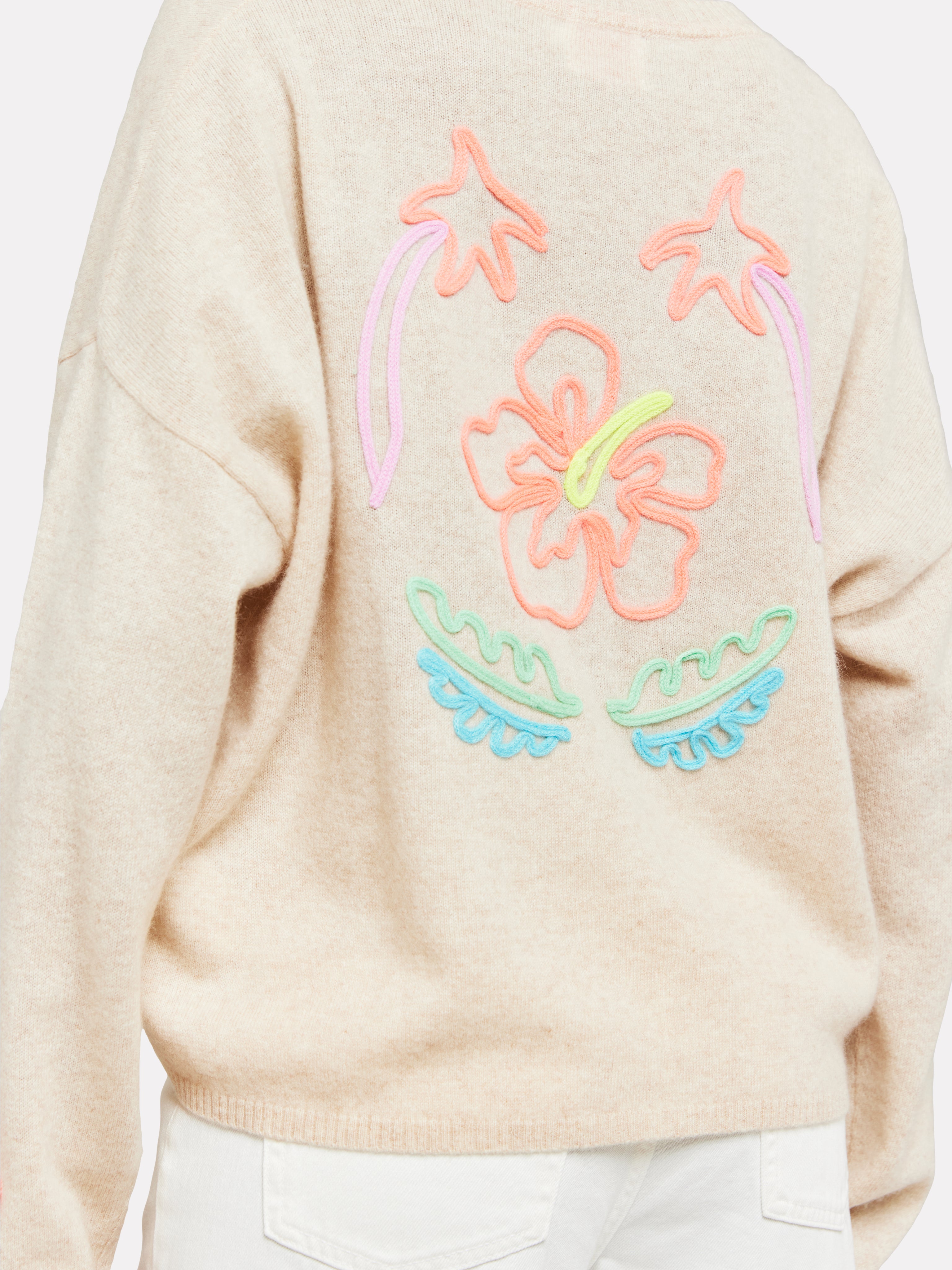 Brodie Tropical Cording V Neck Jumper in Beige