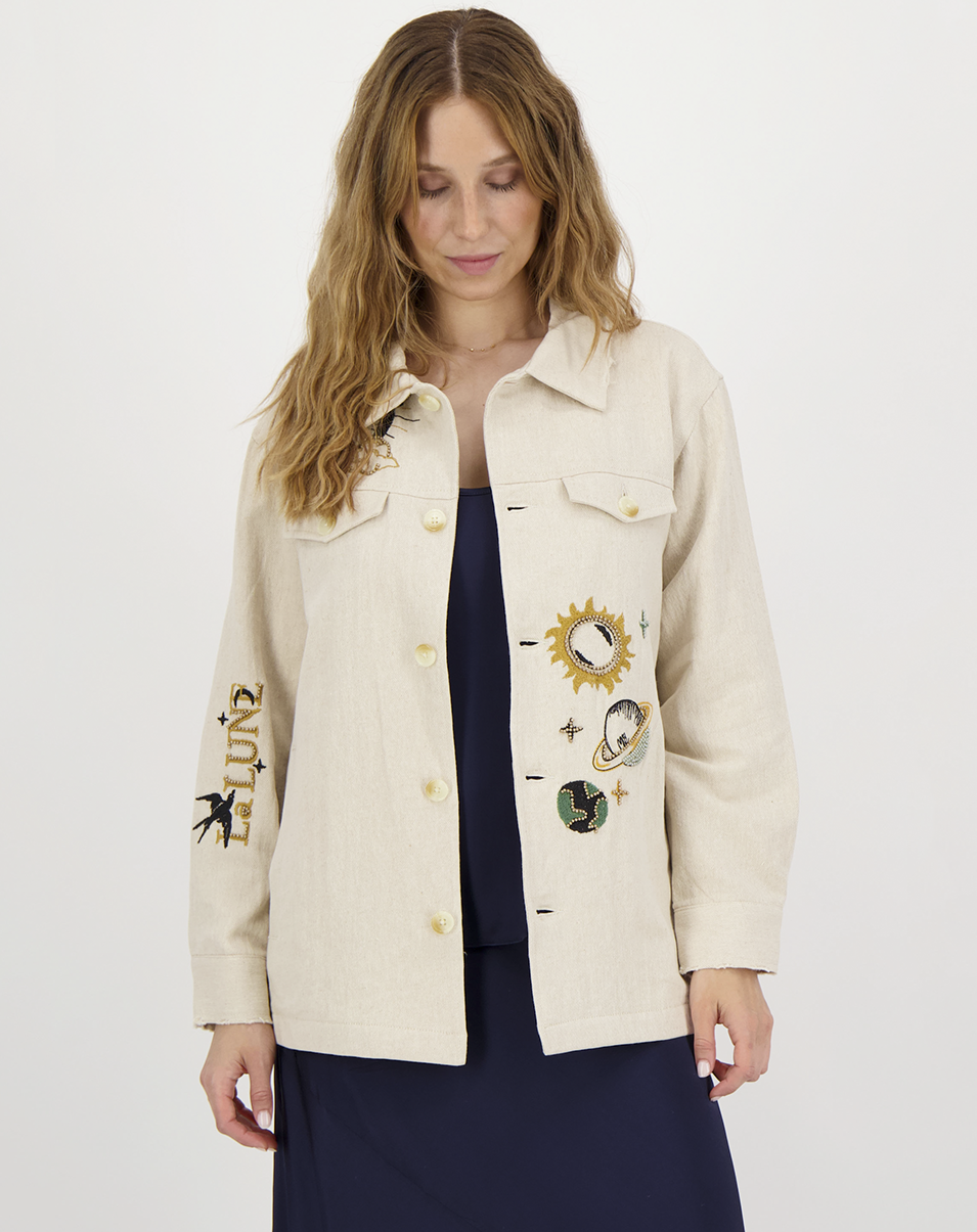 Me369 Briann Embroidered Denim in White or Sand